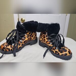 JCrew Nordic Boots in Leopard Calf Hair Hiking 6M Shoes Reatil$298 Rich Mahogany